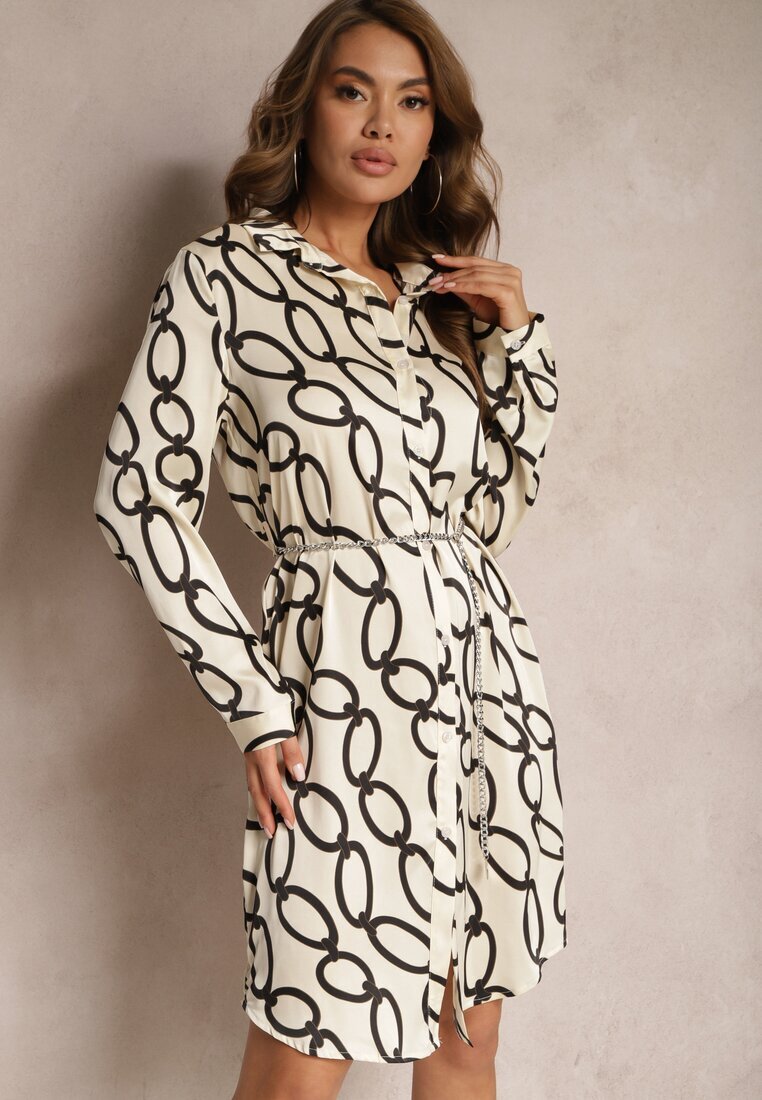 sophyline paris Rochie tip cămașă satinată bej deschis cu imprimeu geometric cu lănțișor în loc de curea Pastar