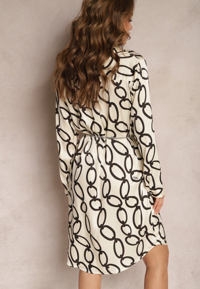 sophyline paris Rochie tip cămașă satinată bej deschis cu imprimeu geometric cu lănțișor în loc de curea Pastar