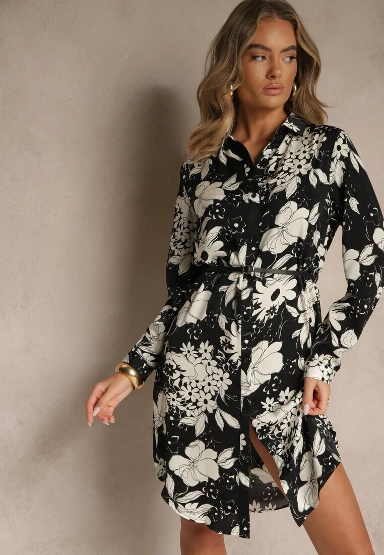sophyline Rochie Negru-Alb Imprimată din Viscoză cu Croială Tip Cămașă cu Curea Ninnoria