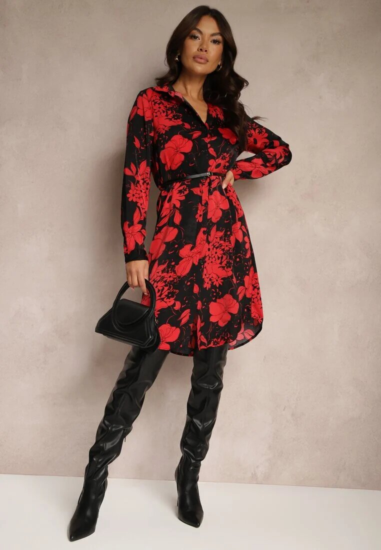 sophyline Rochie Negru-Roșu Cu model din Viscoză cu croială tip cămașă cu curea Ninnoria