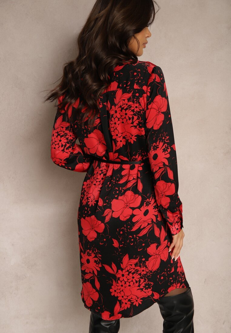 sophyline Rochie Negru-Roșu Cu model din Viscoză cu croială tip cămașă cu curea Ninnoria