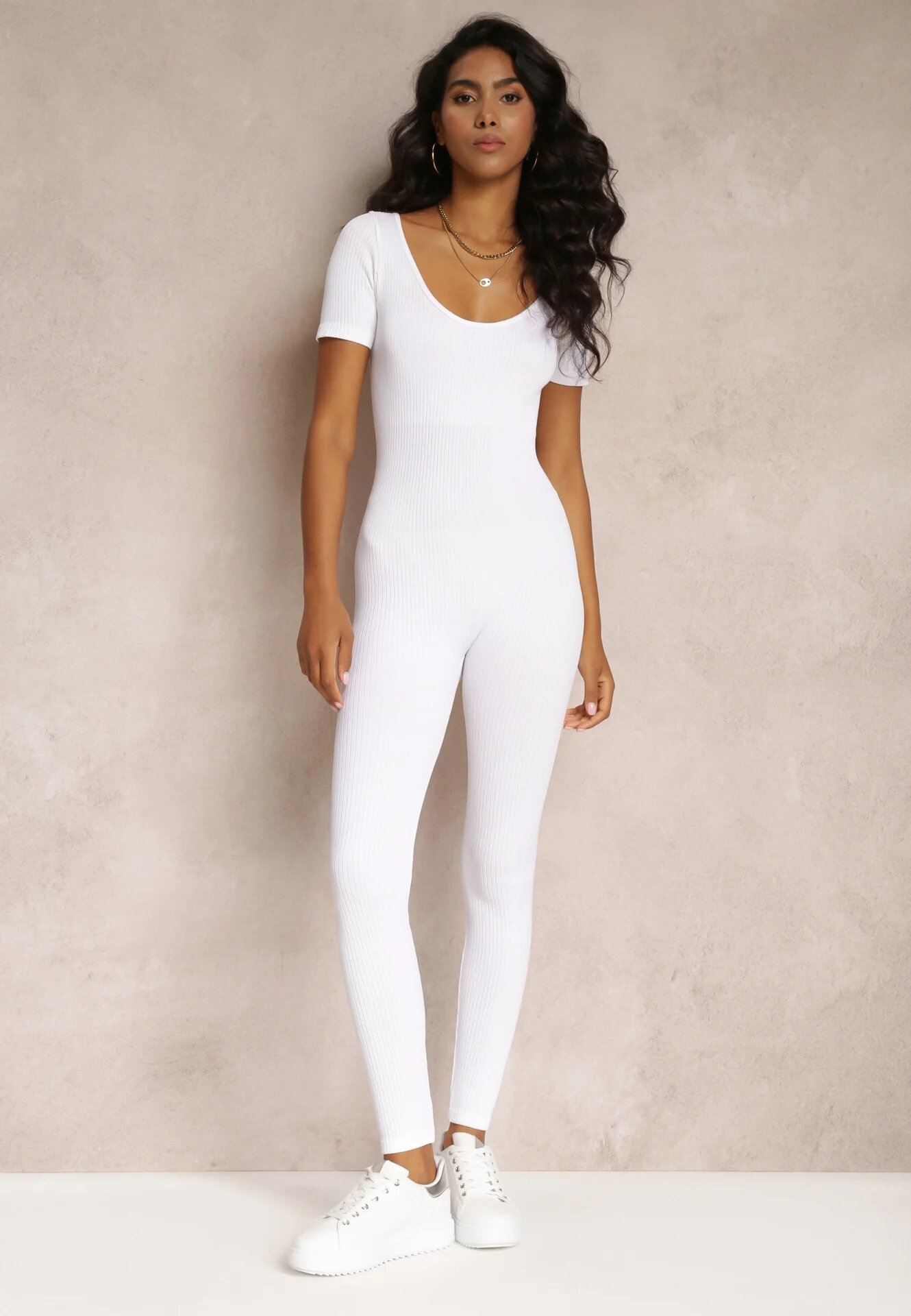 soy&co Salopetă reiată albă Bodycon cu pantaloni lungi și mâneci scurte Vittone