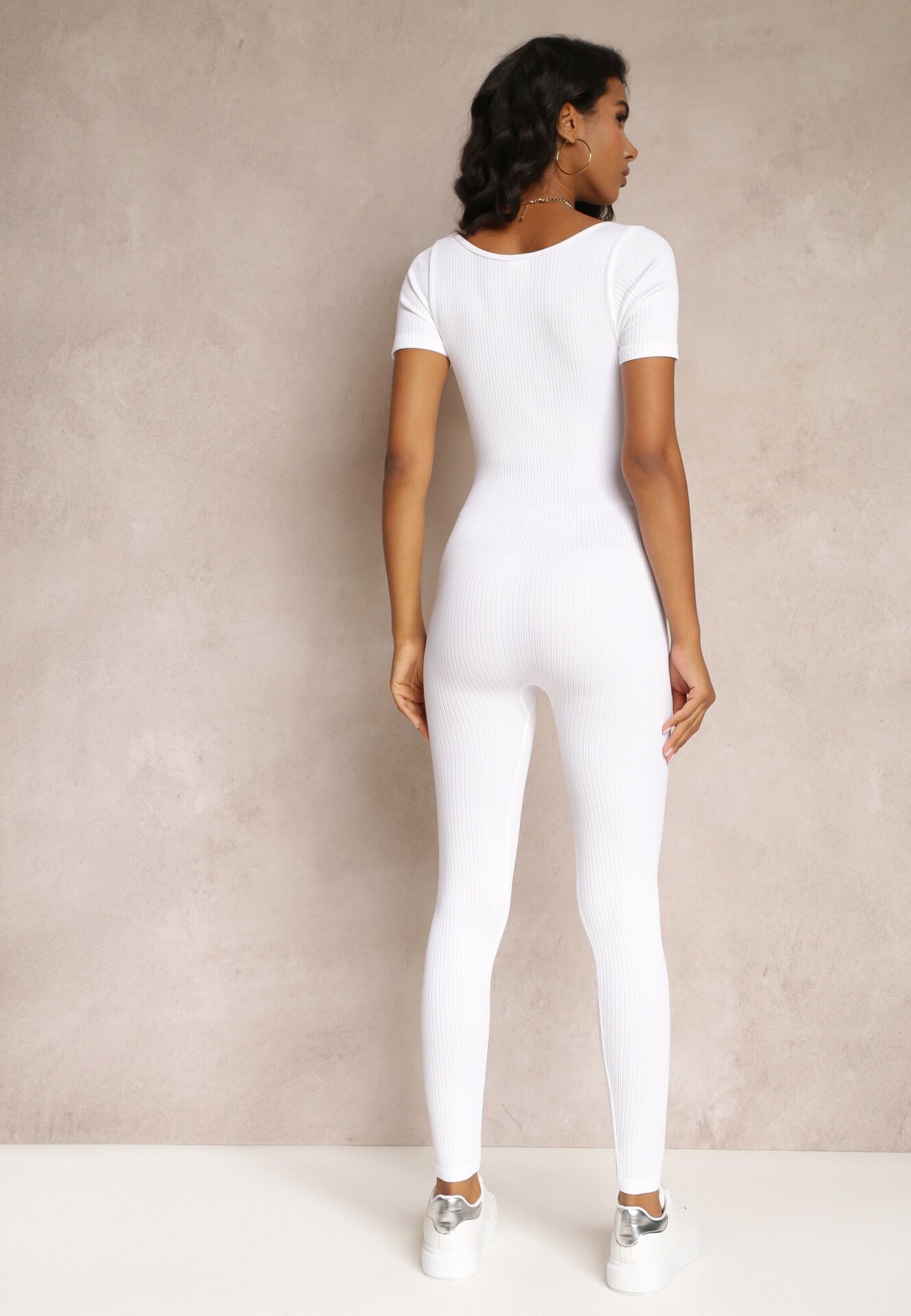 soy&co Salopetă reiată albă Bodycon cu pantaloni lungi și mâneci scurte Vittone