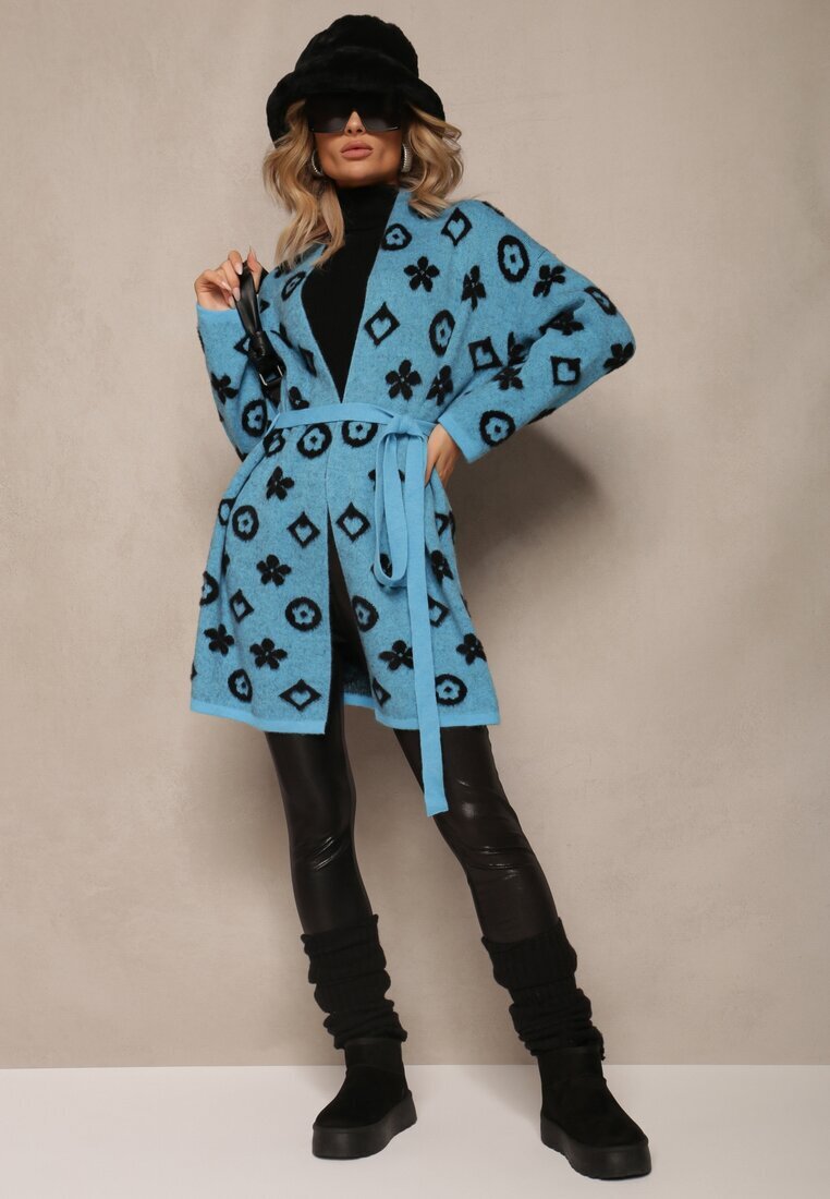 studio eleven Cardigan Albastru cu curea legată Decorat cu model floral Timonen
