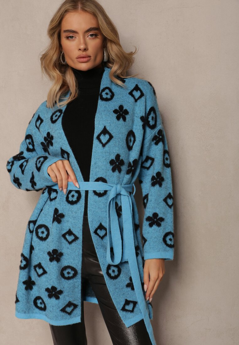 studio eleven Cardigan Albastru cu curea legată Decorat cu model floral Timonen