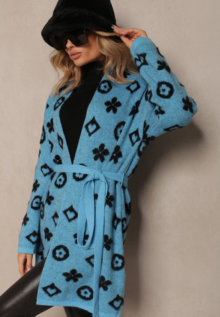 studio eleven Cardigan Albastru cu curea legată Decorat cu model floral Timonen