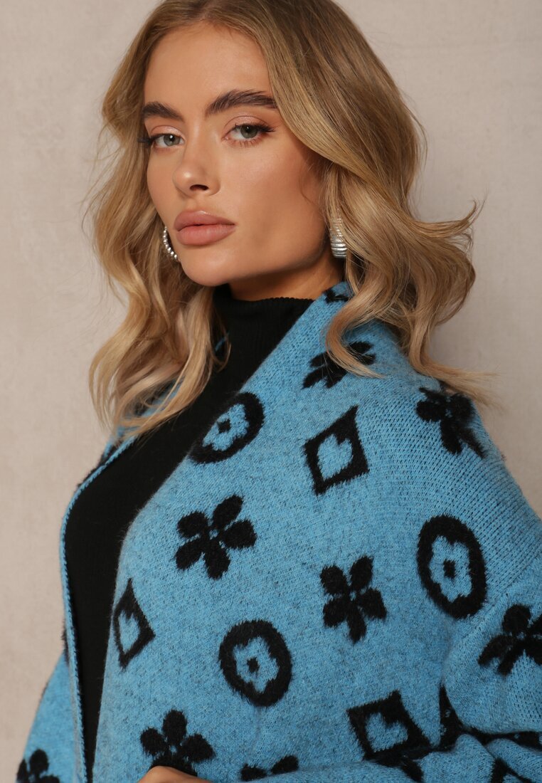 studio eleven Cardigan Albastru cu curea legată Decorat cu model floral Timonen