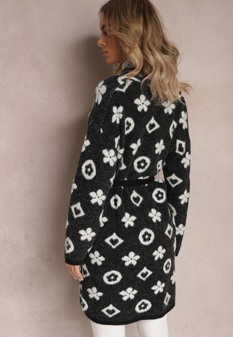 studio eleven Cardigan Negru cu centură înnodată decorat cu model floral Timonen