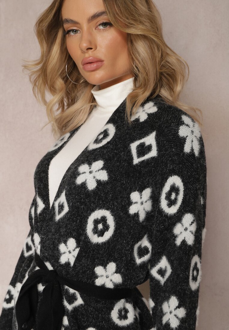 studio eleven Cardigan Negru cu centură înnodată decorat cu model floral Timonen