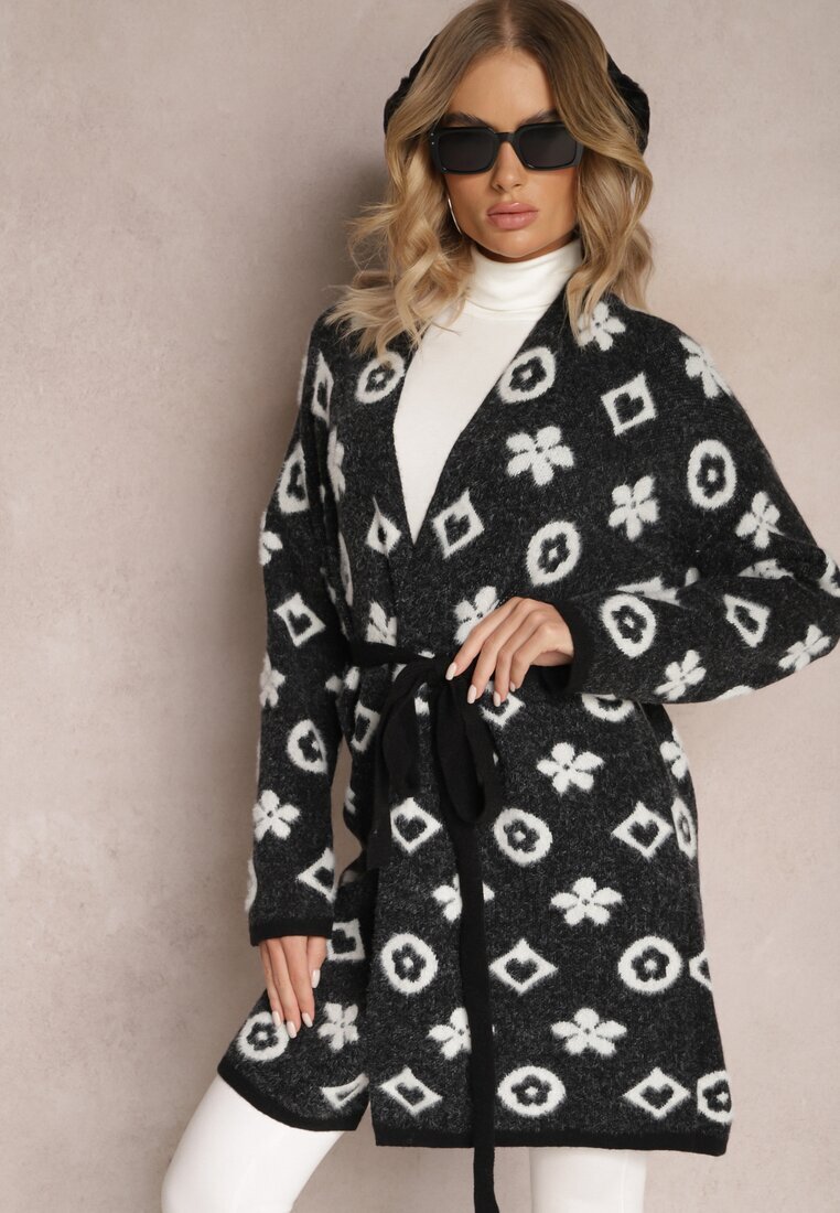 studio eleven Cardigan Negru cu centură înnodată decorat cu model floral Timonen