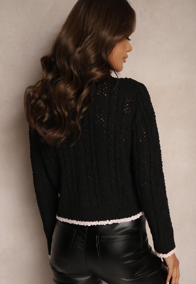 studio eleven Cardigan Negru Deschis cu Viscoză și Imitație de Buzunare Lialisa