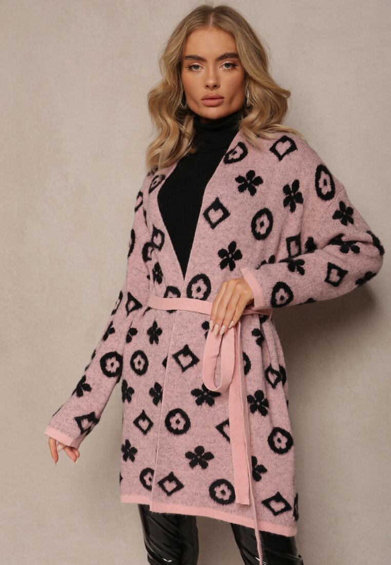 studio eleven Cardigan Roz cu Cordon Legat Decorat cu Model Floral Timonen