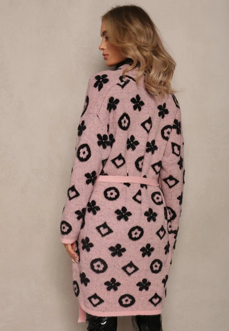 studio eleven Cardigan Roz cu Cordon Legat Decorat cu Model Floral Timonen