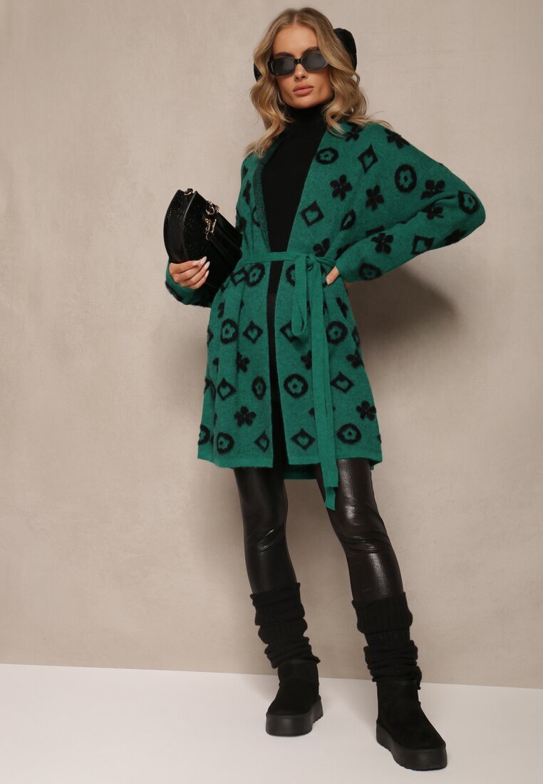 studio eleven Kardigan verde cu cordon legat decorat cu model floral Timonen