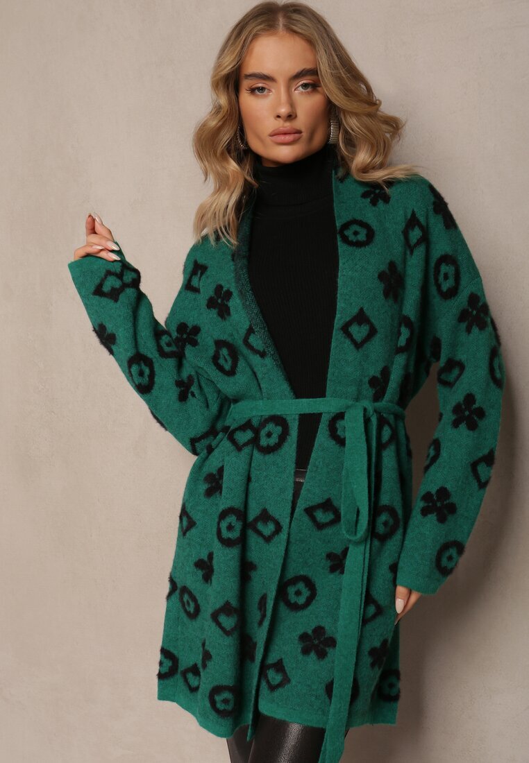 studio eleven Kardigan verde cu cordon legat decorat cu model floral Timonen