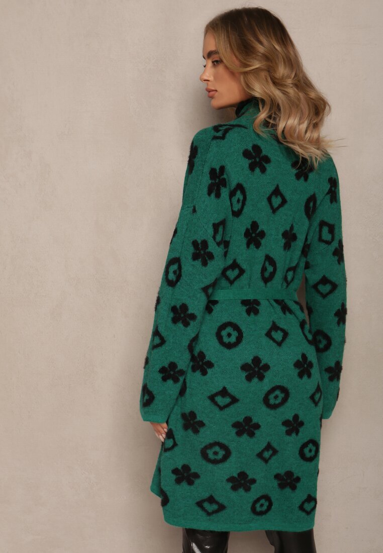 studio eleven Kardigan verde cu cordon legat decorat cu model floral Timonen