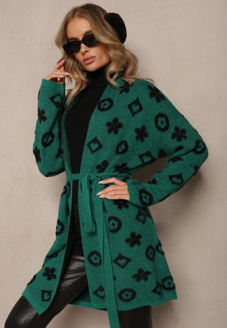 studio eleven Kardigan verde cu cordon legat decorat cu model floral Timonen
