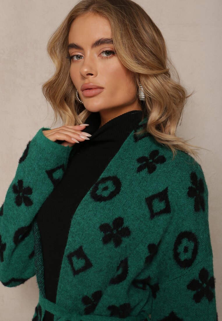 studio eleven Kardigan verde cu cordon legat decorat cu model floral Timonen