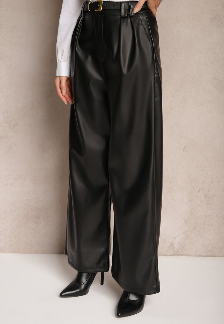 studio eleven Pantaloni Negri Largi din imitație de piele High Waist cu curea cu cataramă Labora