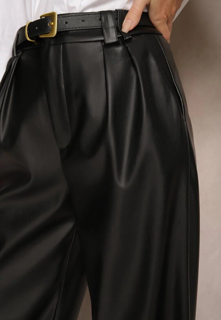 studio eleven Pantaloni Negri Largi din imitație de piele High Waist cu curea cu cataramă Labora