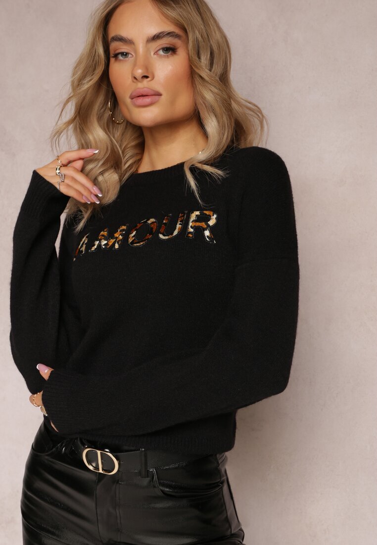 studio eleven Pulover Negru cu Patch-uri cu Scris Amour Mavilla
