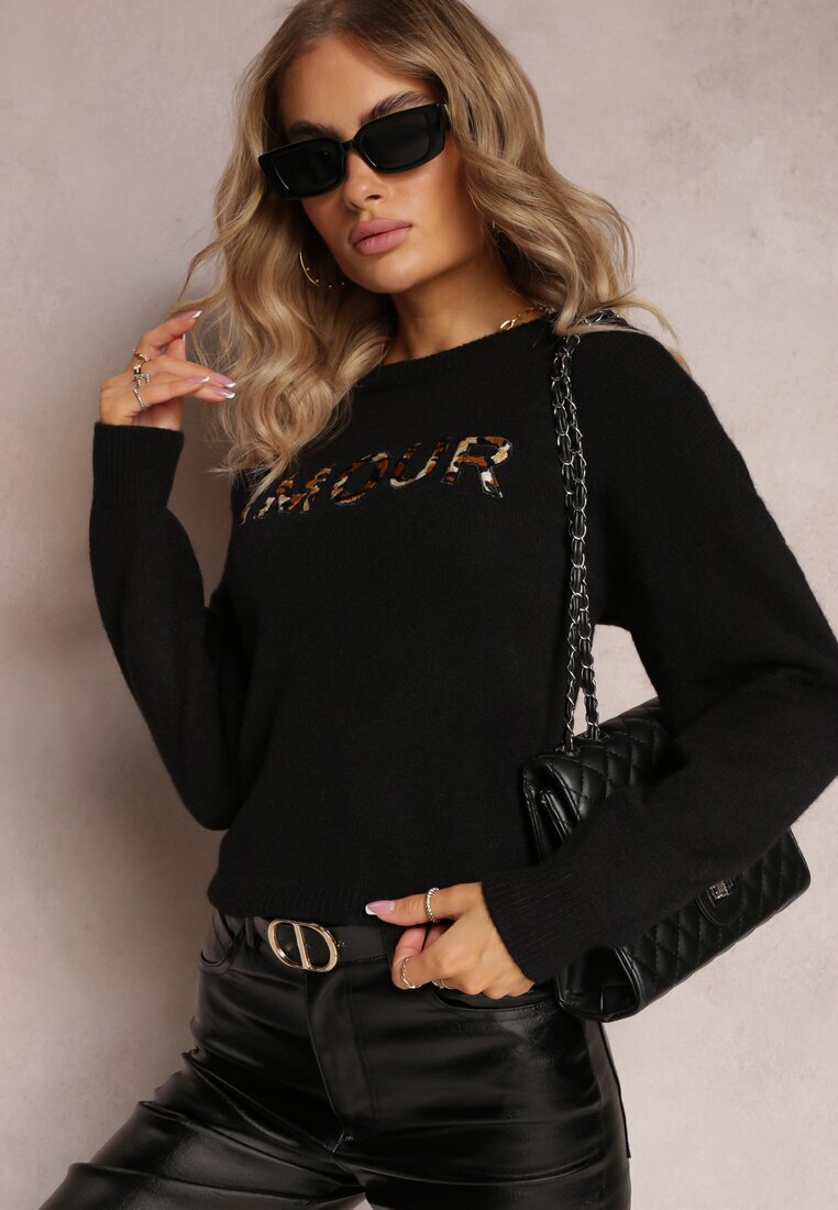 studio eleven Pulover Negru cu Patch-uri cu Scris Amour Mavilla