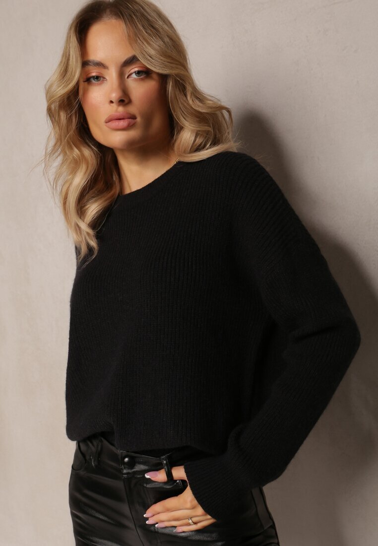 studio eleven Pulover Negru Tricotat cu Decolteu Rotund Aissorne