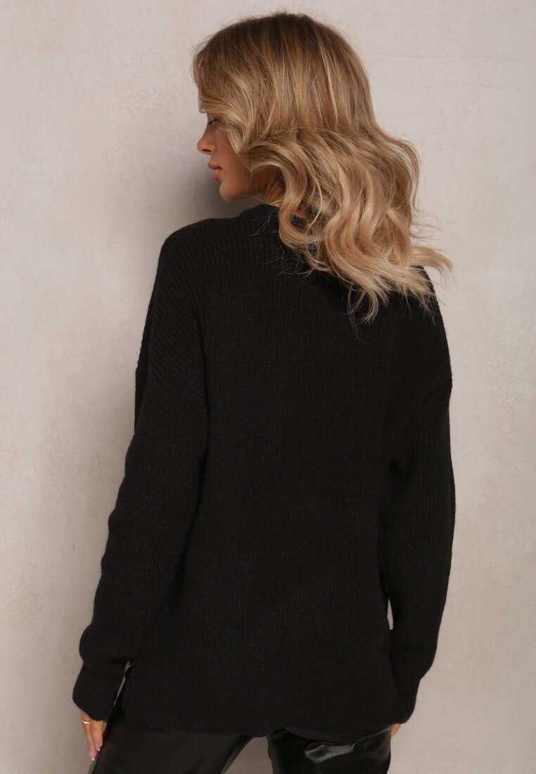 studio eleven Pulover Negru Tricotat cu Decolteu Rotund Aissorne