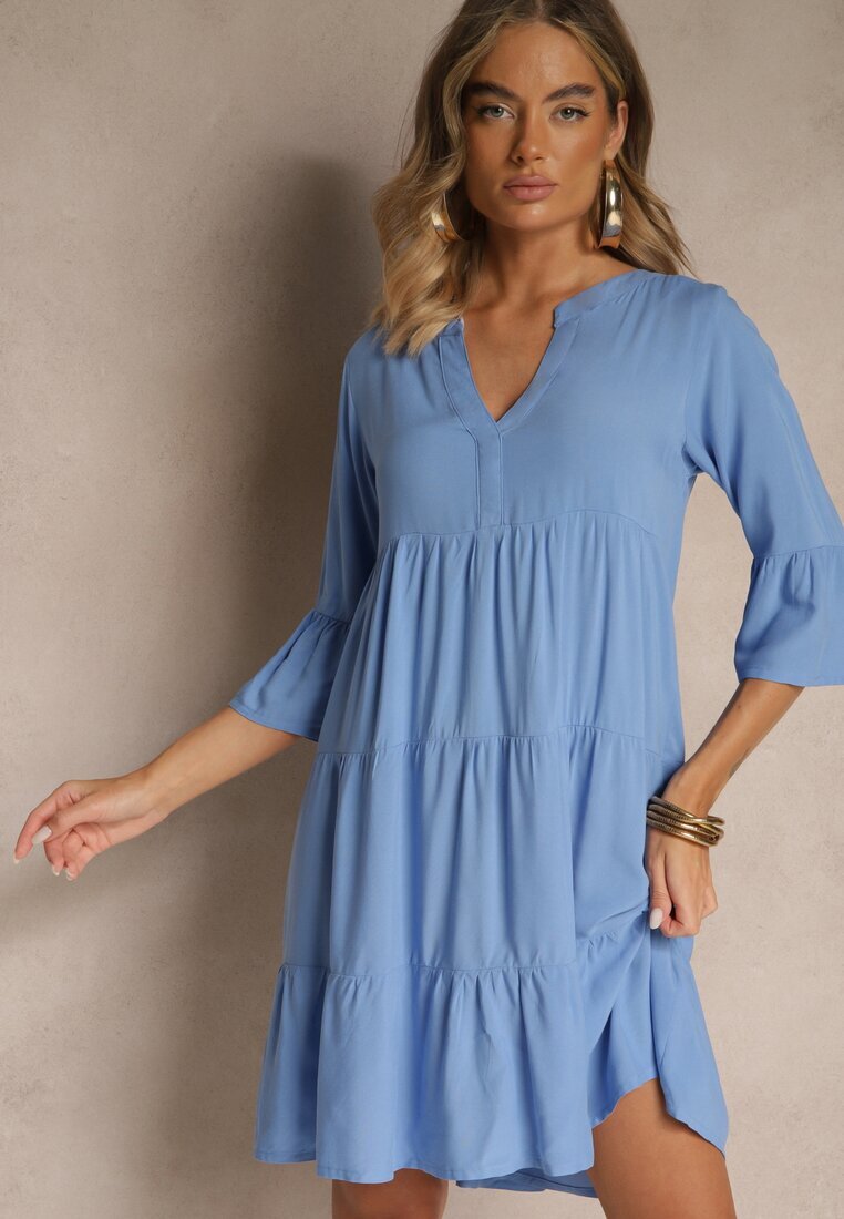 Sublevel Rochie Albastră de Vâscoză cu croi evazat decorată cu volane Lirione