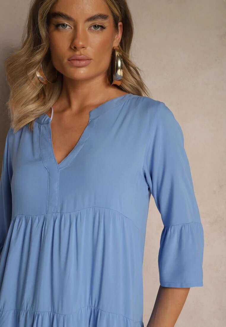 Sublevel Rochie Albastră de Vâscoză cu croi evazat decorată cu volane Lirione
