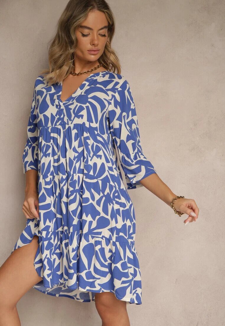 Sublevel Rochie Albastră din Vâscoză cu Croială Evazată cu Imprimeu Abstract Lirese