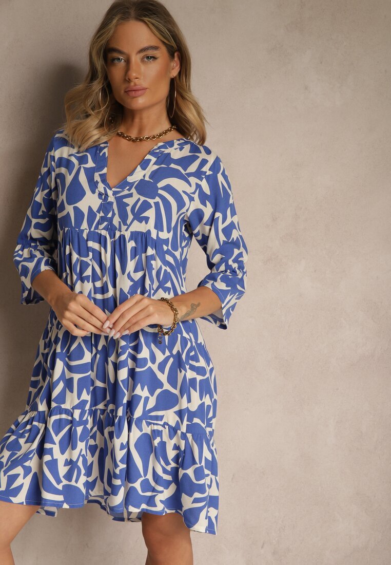 Sublevel Rochie Albastră din Vâscoză cu Croială Evazată cu Imprimeu Abstract Lirese