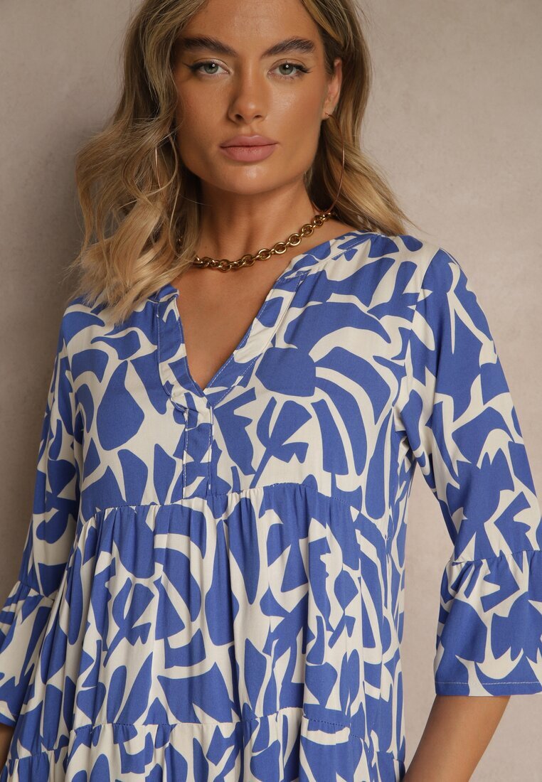 Sublevel Rochie Albastră din Vâscoză cu Croială Evazată cu Imprimeu Abstract Lirese