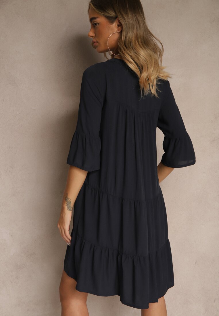 Sublevel Rochie Bleumarin din viscoză cu croială evazată decorată cu volane Lirione