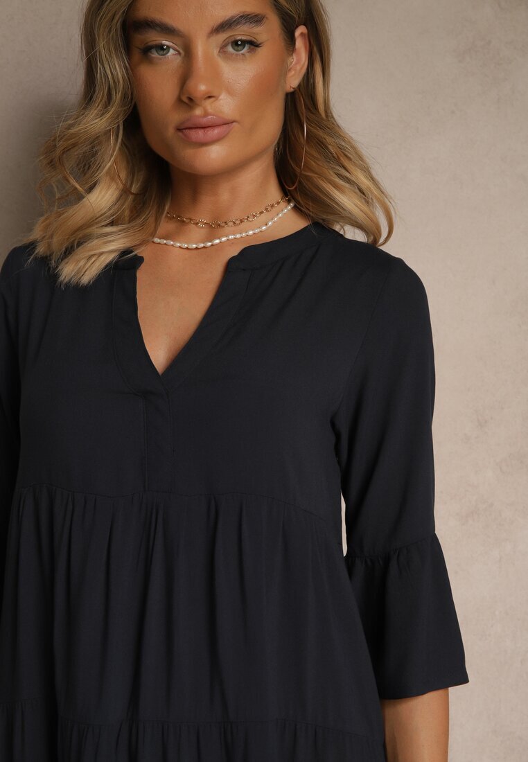 Sublevel Rochie Bleumarin din viscoză cu croială evazată decorată cu volane Lirione