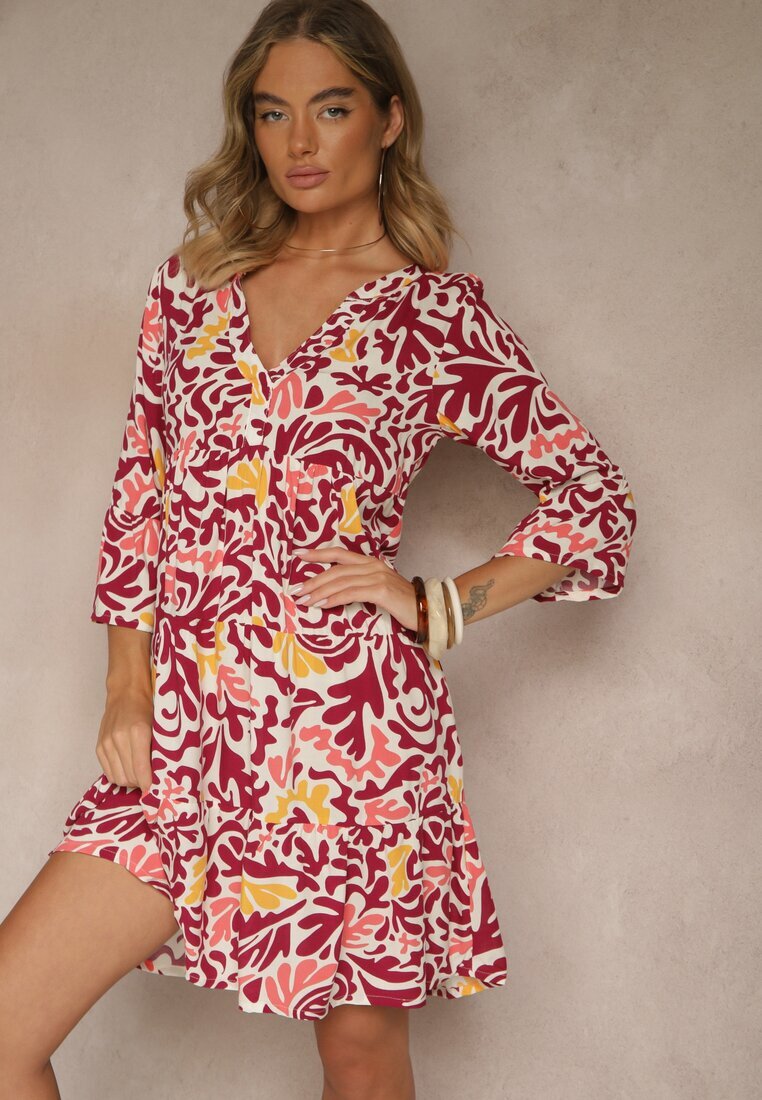 Sublevel Rochie Galben-Bordo din Viscoză cu Croială Cloș cu Imprimeu Abstract Lirese