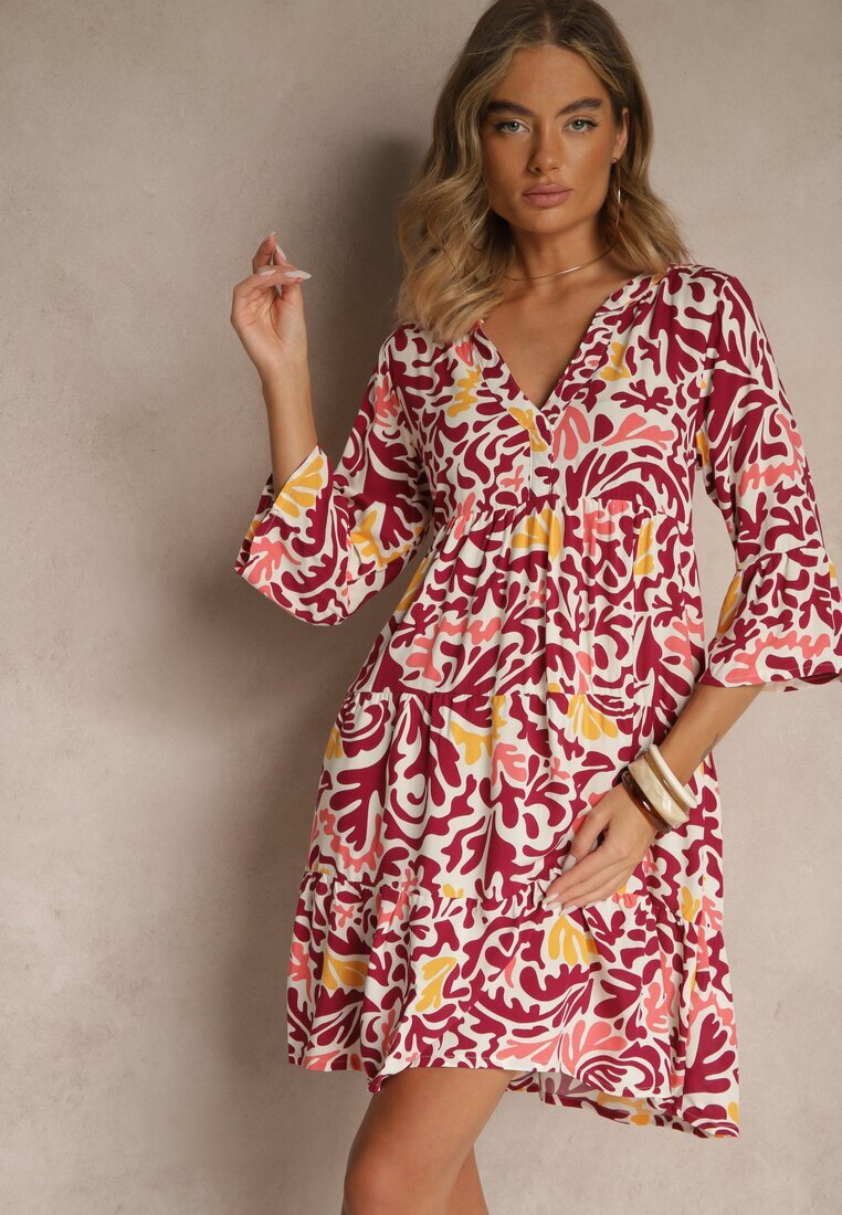 Sublevel Rochie Galben-Bordo din Viscoză cu Croială Cloș cu Imprimeu Abstract Lirese