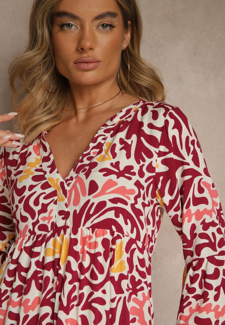 Sublevel Rochie Galben-Bordo din Viscoză cu Croială Cloș cu Imprimeu Abstract Lirese