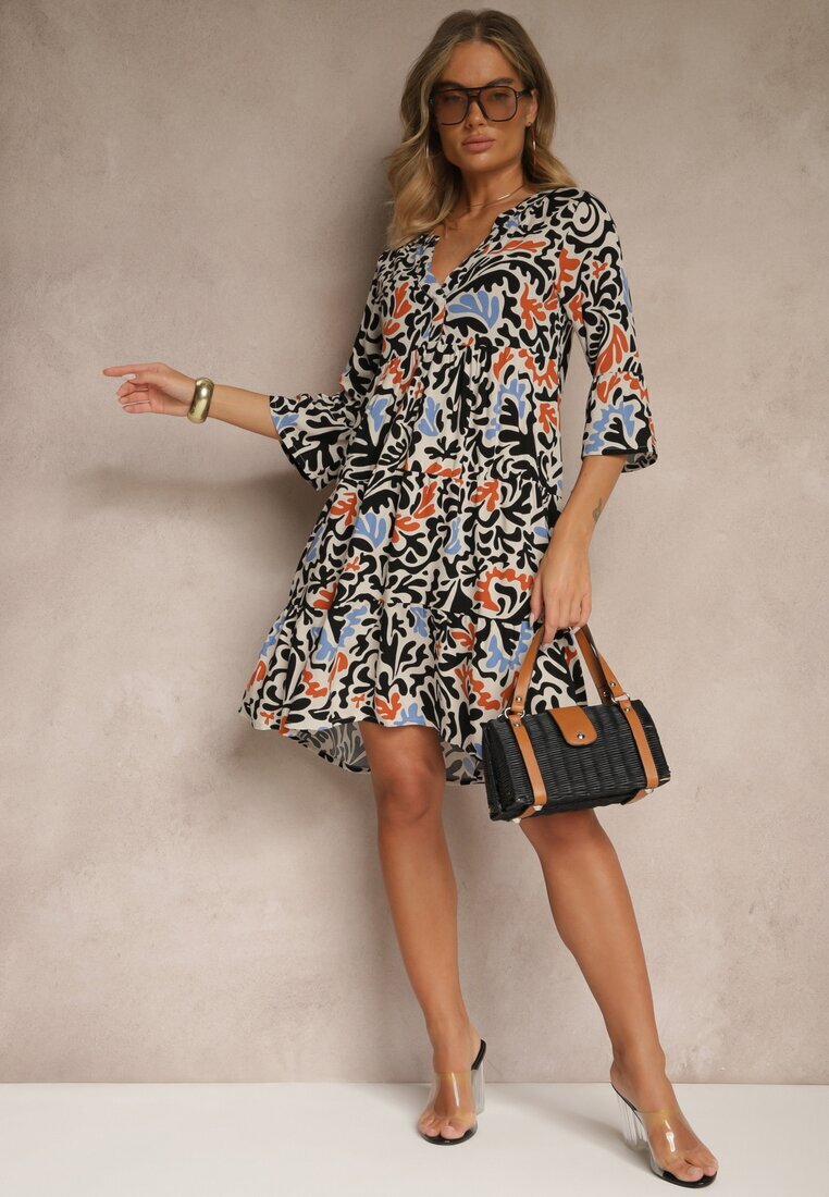 Sublevel Rochie Negru-Bej din Viscoză cu Croială Cloș cu Imprimeu Abstract Lirese