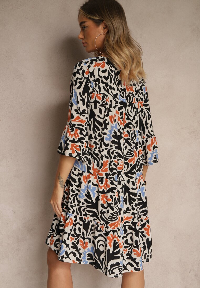Sublevel Rochie Negru-Bej din Viscoză cu Croială Cloș cu Imprimeu Abstract Lirese