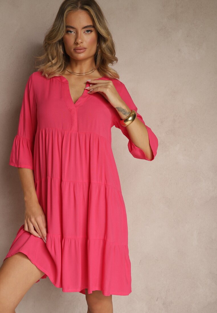 Sublevel Rochie Roz închis de Vâscoză cu Croială Cloș Decorată cu Volane Lirione