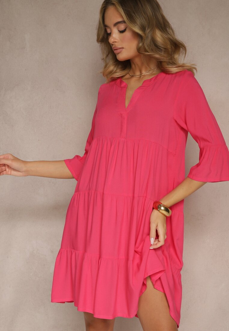 Sublevel Rochie Roz închis de Vâscoză cu Croială Cloș Decorată cu Volane Lirione