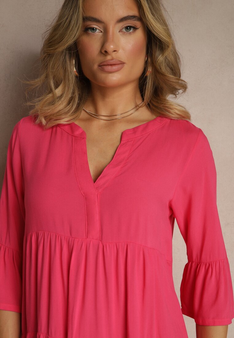 Sublevel Rochie Roz închis de Vâscoză cu Croială Cloș Decorată cu Volane Lirione