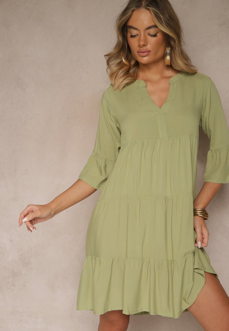 Sublevel Rochie Verde Vâscoză Evazată cu volane Lirione