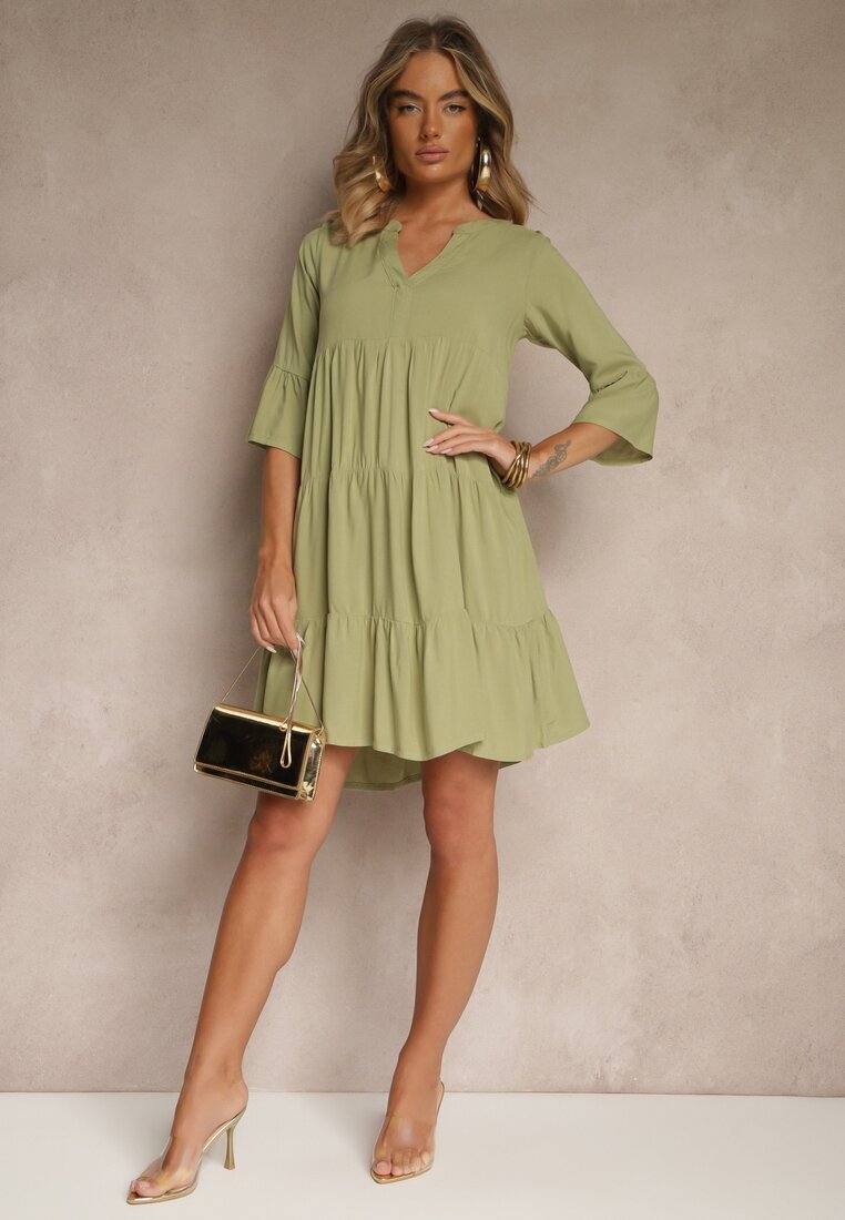 Sublevel Rochie Verde Vâscoză Evazată cu volane Lirione