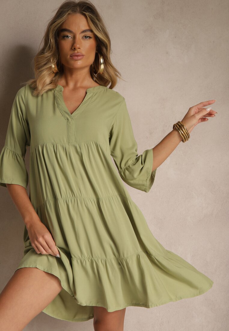 Sublevel Rochie Verde Vâscoză Evazată cu volane Lirione