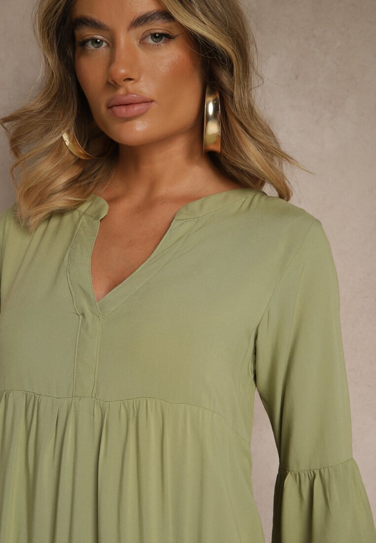 Sublevel Rochie Verde Vâscoză Evazată cu volane Lirione