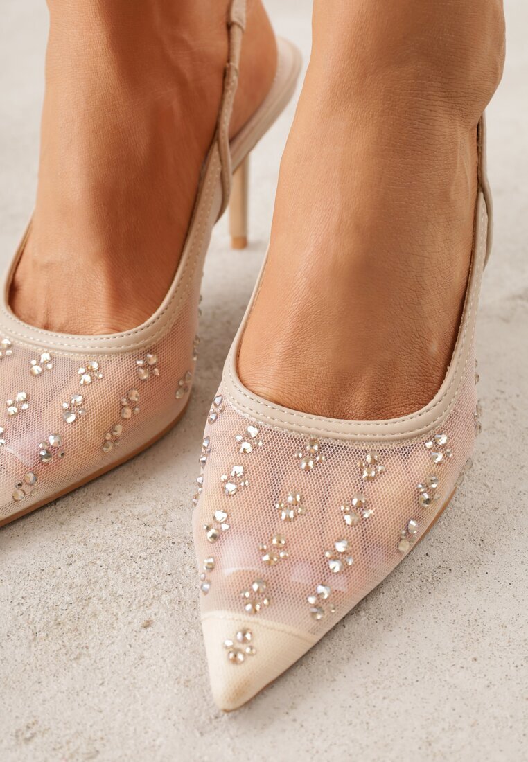 super mode Sandale Aurii Slingback cu toc cui din plasă Decorate cu Zirconiu Lilinyra