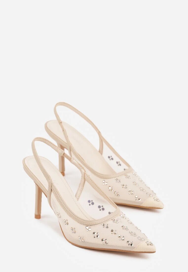 super mode Sandale Aurii Slingback cu toc cui din plasă Decorate cu Zirconiu Lilinyra