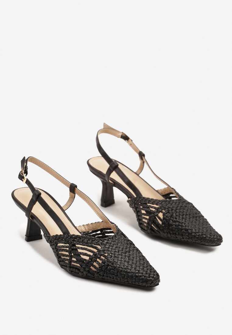 super mode Sandale Negre Împletite cu toc pisicuță Slingback Felorna